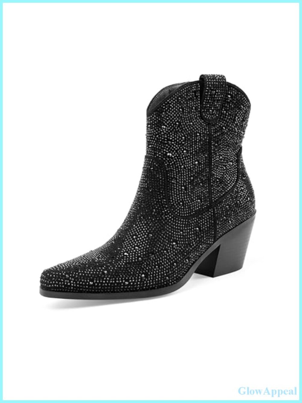 Sparkly Rhinestone Cowboy Ankle Boots Pointed Toe Low Block Heel Booties with